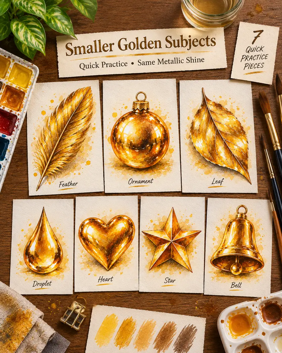 Smaller Golden Subjects: a feather, ornament, leaf, droplet, heart, star, and bell painted with the same golden metallic technique