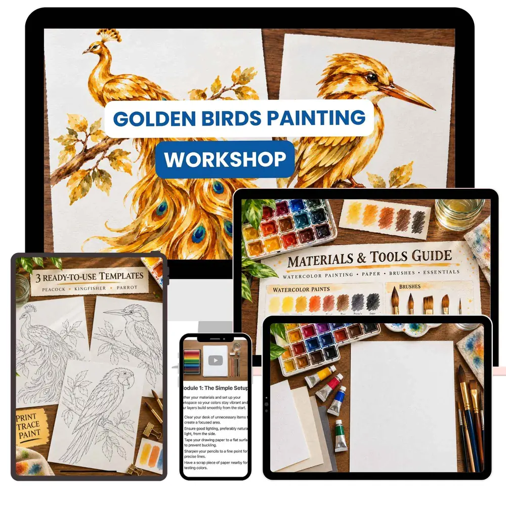 The Golden Birds Watercolor Workshop shown across desktop, tablet, and phone