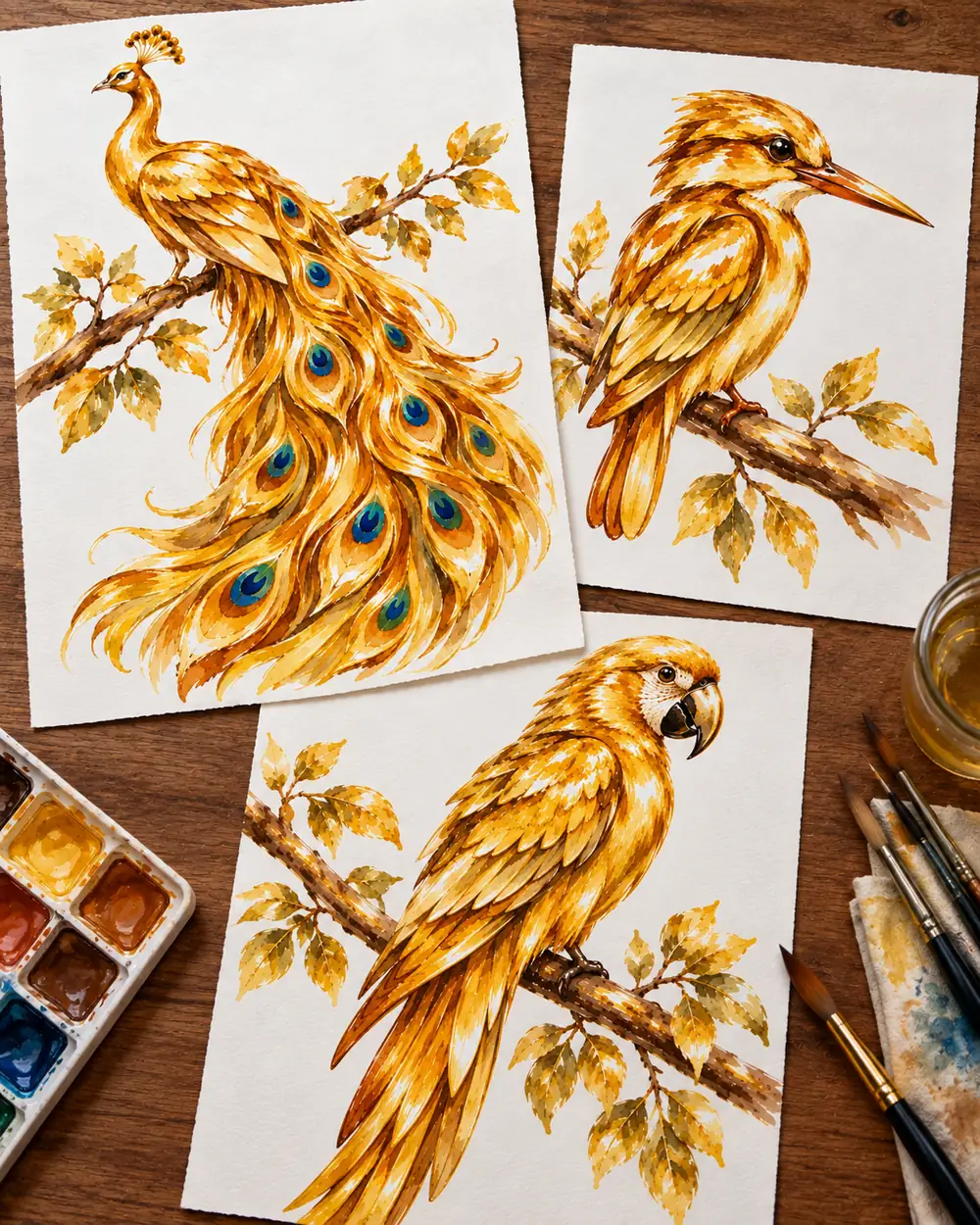 Finished golden peacock, kingfisher, and parrot watercolor paintings on a wooden table with a paint palette and brushes